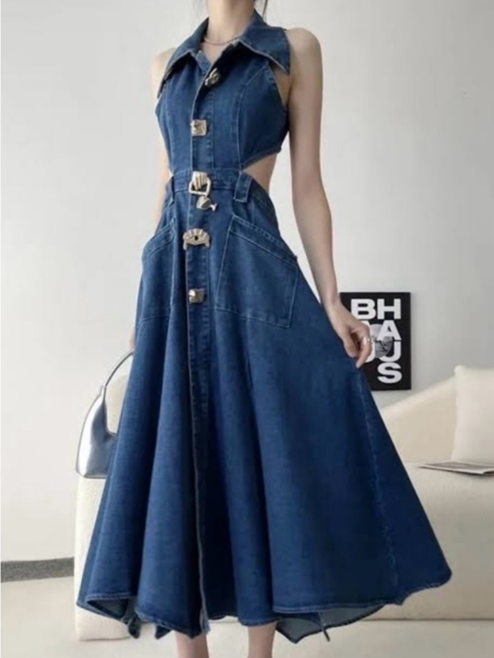 Denim Halter Midi Dress with Sculpted Cutouts